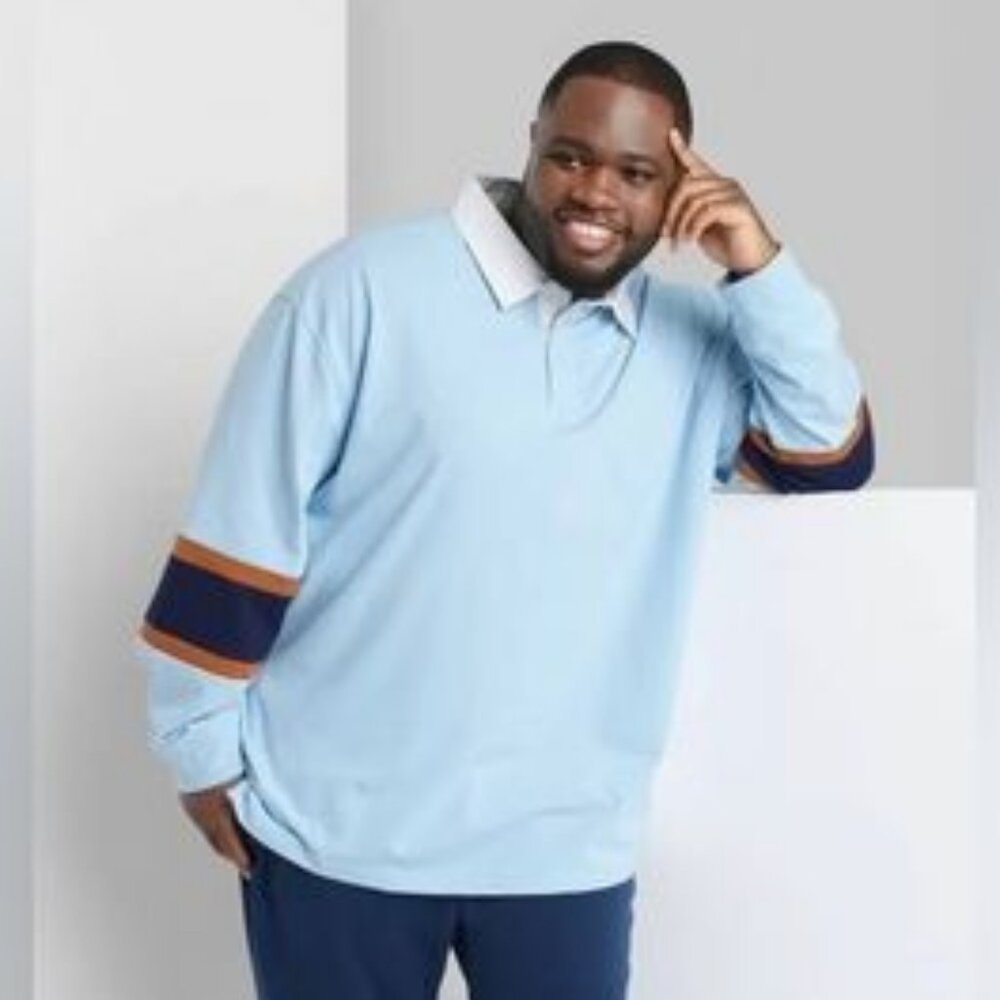NEW! Mens Extended Size Long Sleeve Rugby Polo Shirt, Light Blue - Original Use